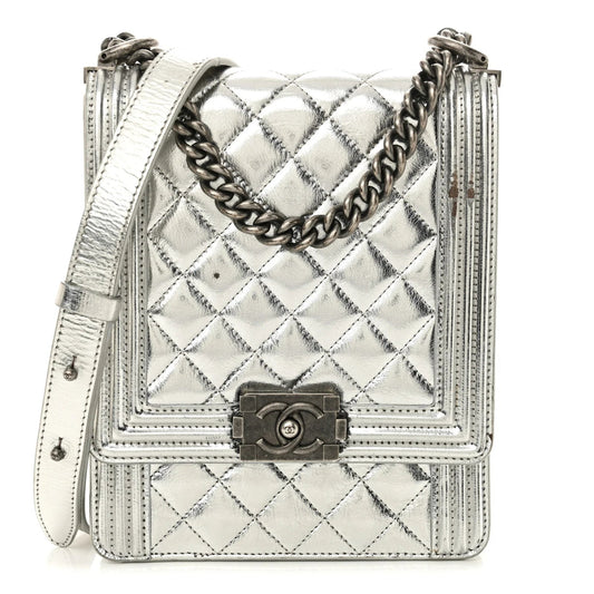 Metallic Goatskin Quilted North South Boy Flap Silver