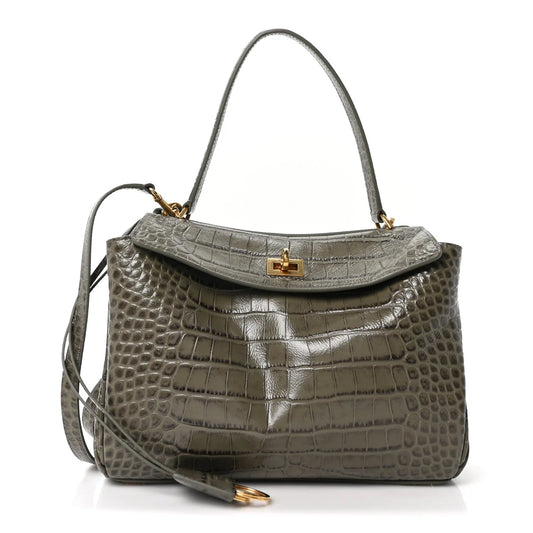 Shiny Calfskin Crocodile Embossed Small Rodeo Top Handle Handbag Army Green