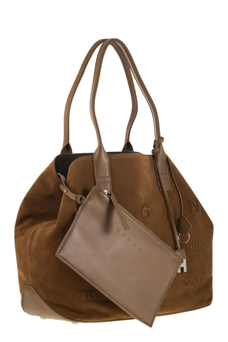 MEDIUM SCRIPT SHOPPING BAG in SUEDE