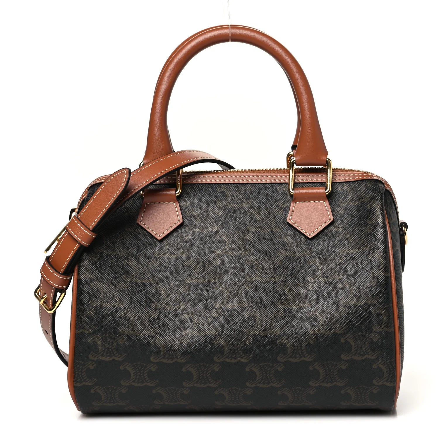 Triomphe Canvas Calfskin Small Boston Bag Tan