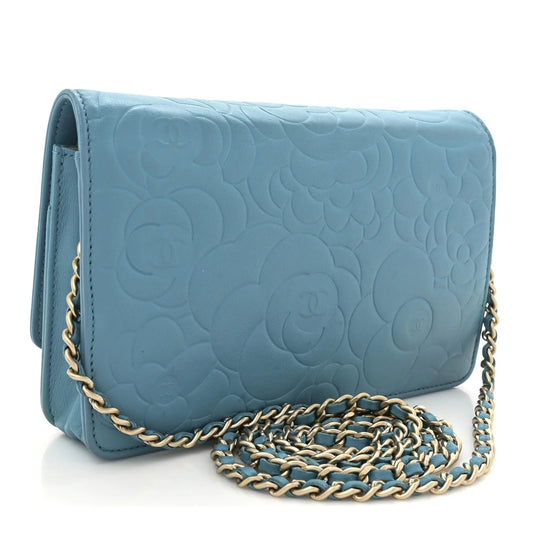 Lambskin Camellia Embossed Wallet on Chain WOC Turquoise