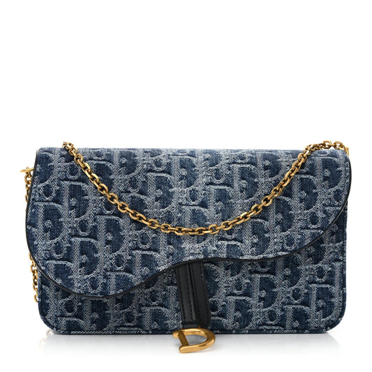Oblique Denim Small Saddle Pouch with Chain Blue