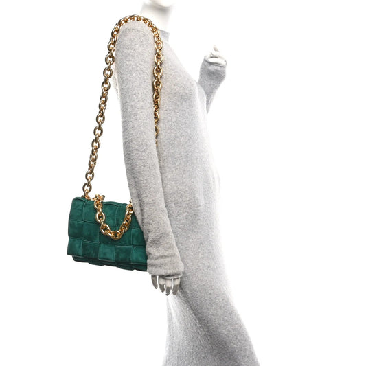 Suede Maxi Intrecciato Padded Chain Cassette Crossbody Bag Emerald Green