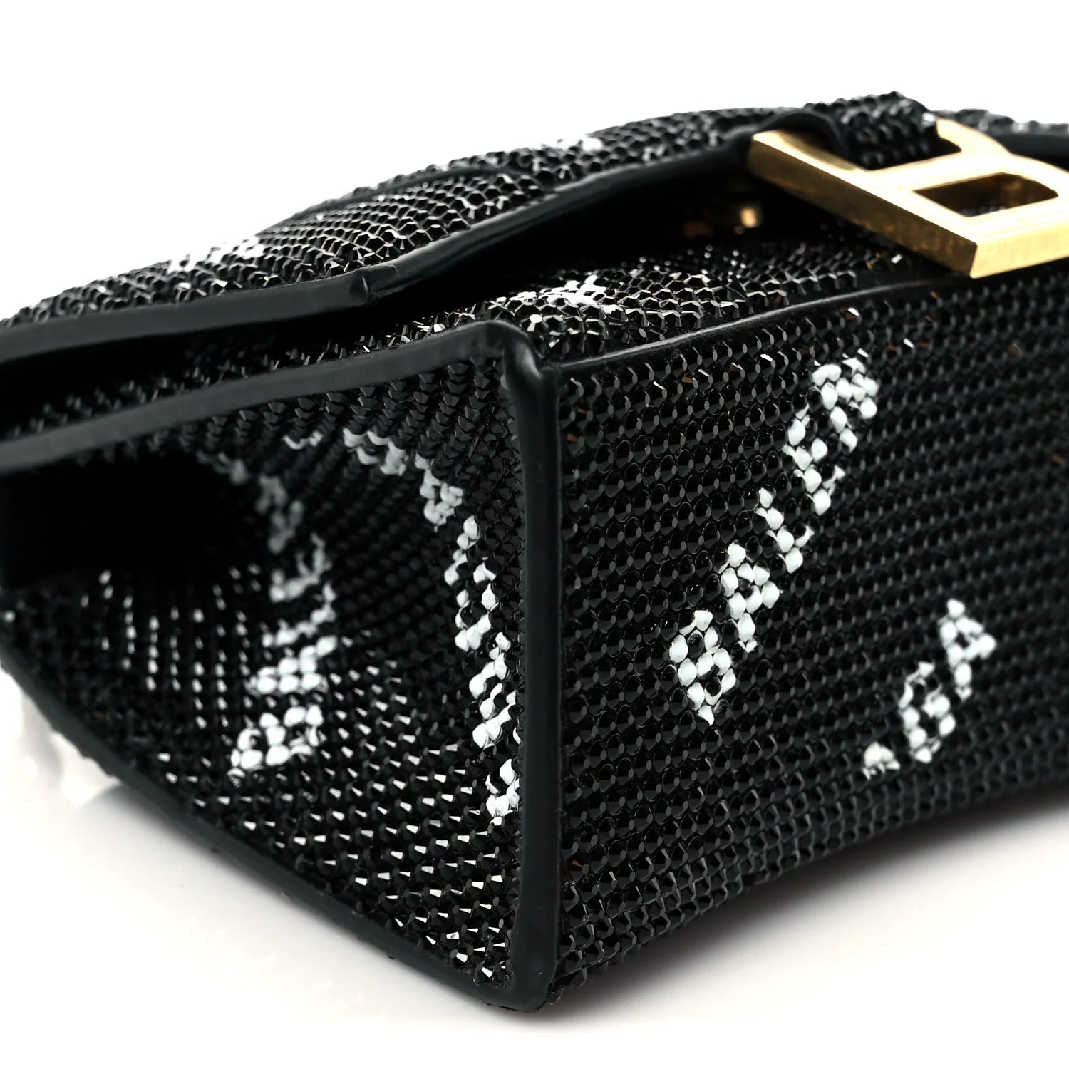 Strass Suede Allover Logo Hourglass Top Handle Bag XS with Chain Black White