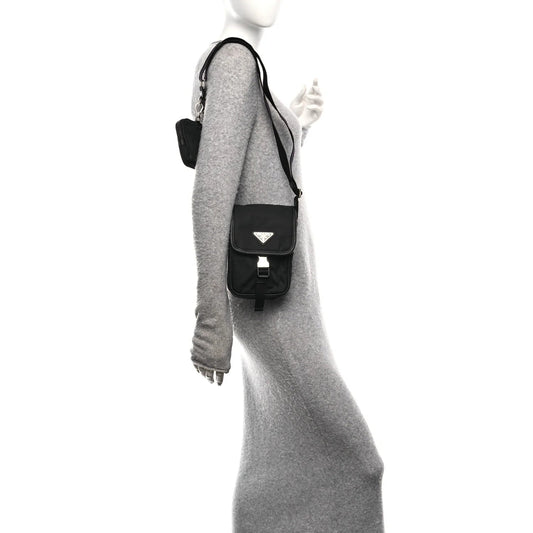 Re-Nylon Saffiano Mini Pocket Single Snap Buckle Messenger Bag Black