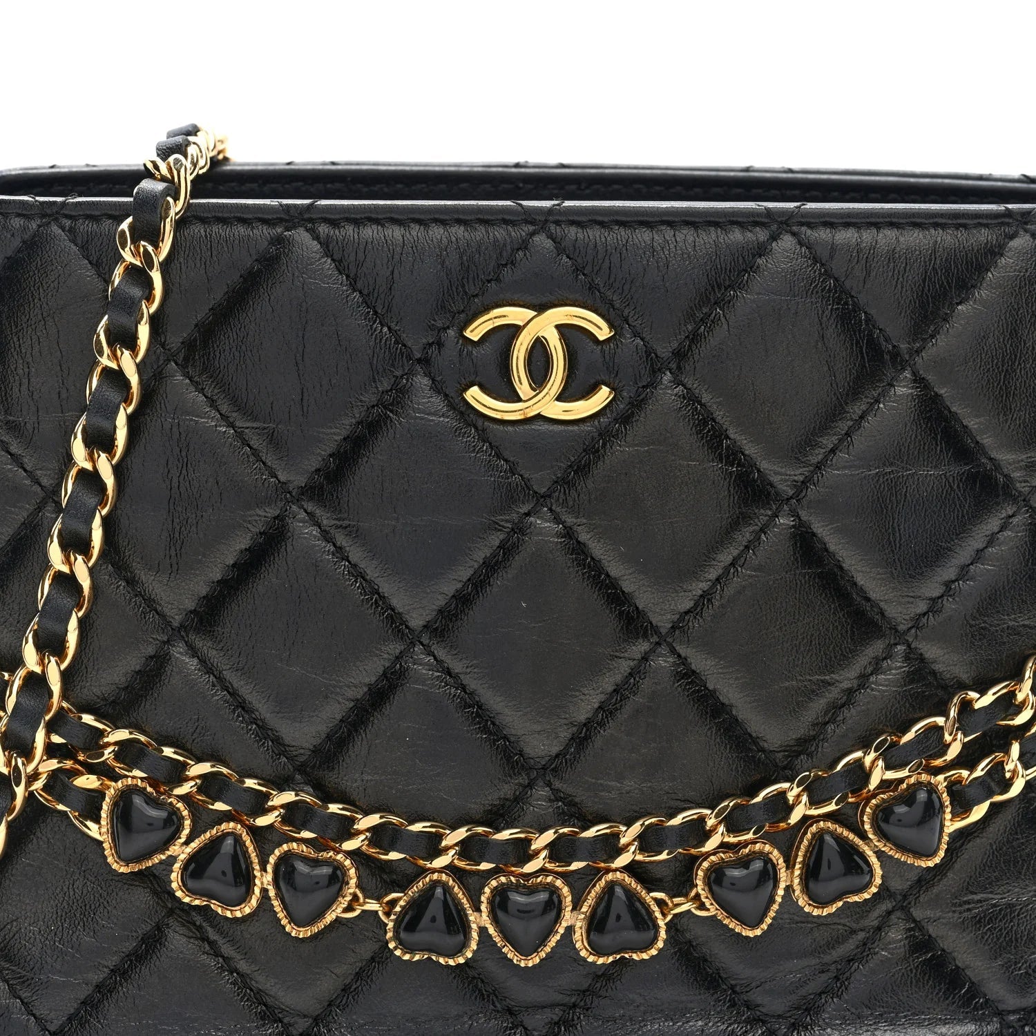 Shiny Crumpled Calfskin Quilted Clutch with Chain Black