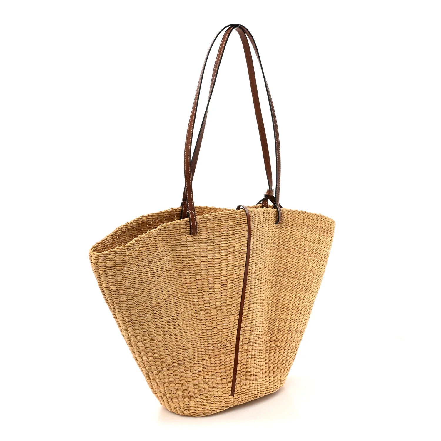 Raffia Calfskin Shell Basket Tote Natural Pecan