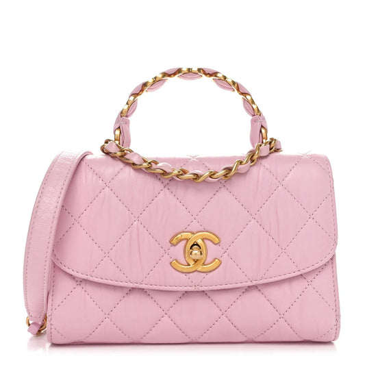 Crumpled Lambskin Quilted Mini CC Links Top Handle Flap Light Pink