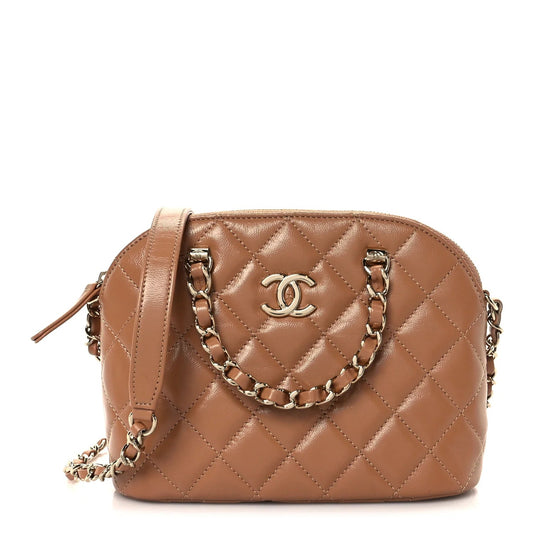 Shiny Lambskin Quilted Shiny Coco Clutch with Chain Dark Beige