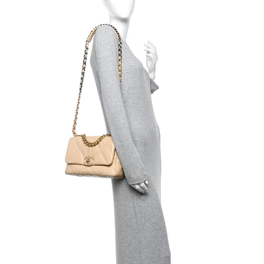 Shiny Goatskin Quilted Medium  19 Flap Beige