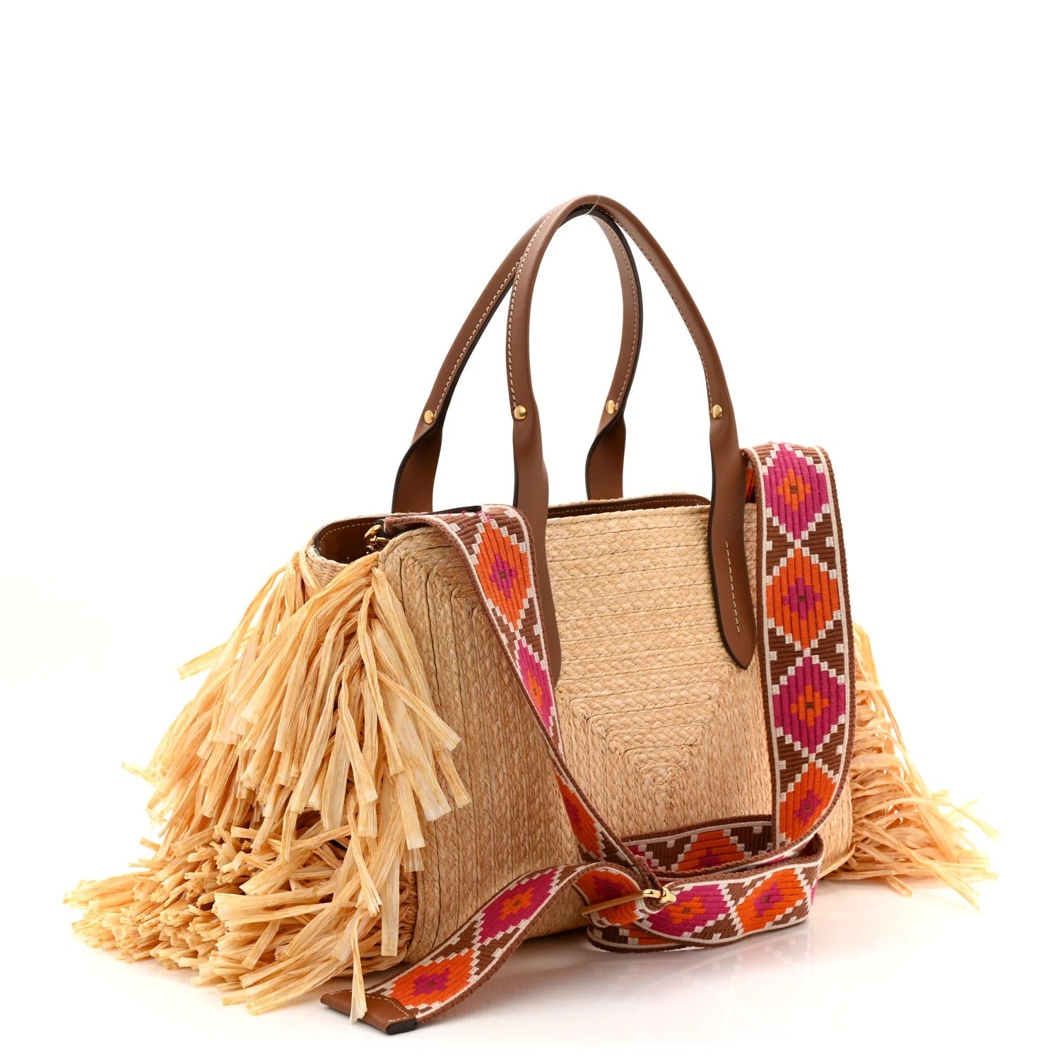 Raffia Fringe on the Coast Top Handle Tote Natural Cognac