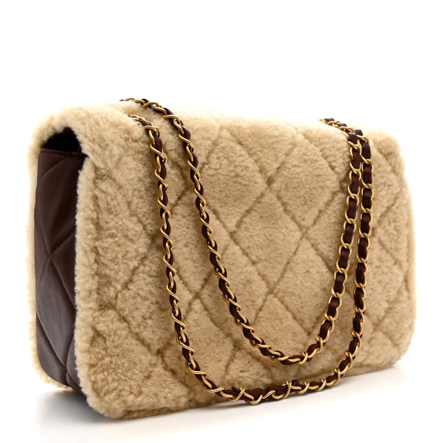 Shearling Lambskin Quilted Large Furry Coco Flap Beige Brown