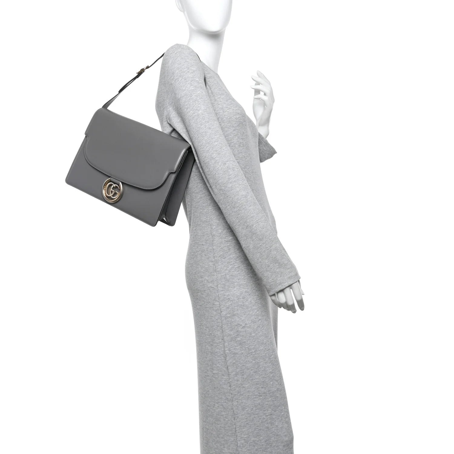 Textured Calfskin Medium Torchon GG Ring Shoulder Bag Grey