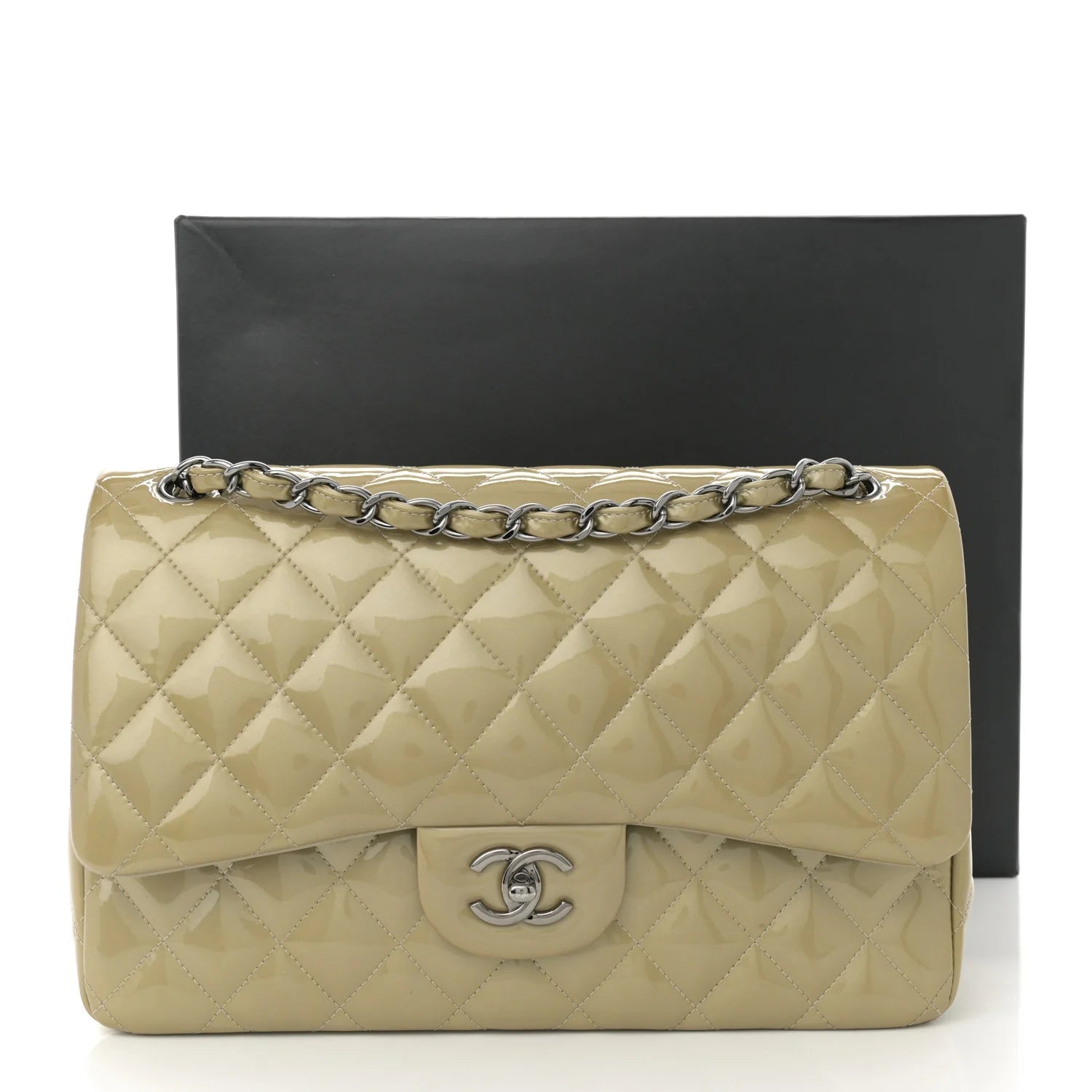 Patent Calfskin Quilted Jumbo Double Flap Grey