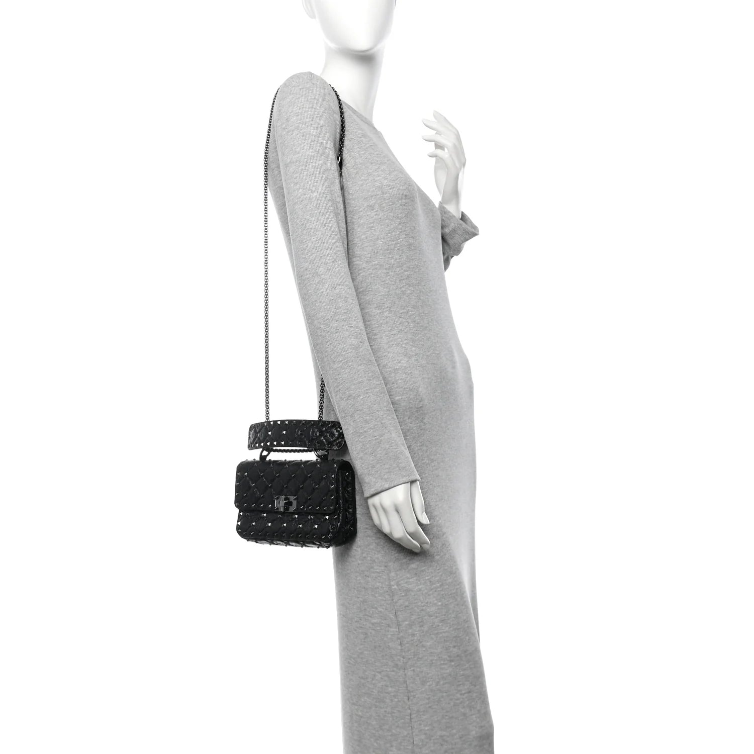 Craquele Nappa Small Rockstud Spike Shoulder Bag Black