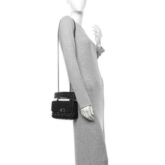 Craquele Nappa Small Rockstud Spike Shoulder Bag Black