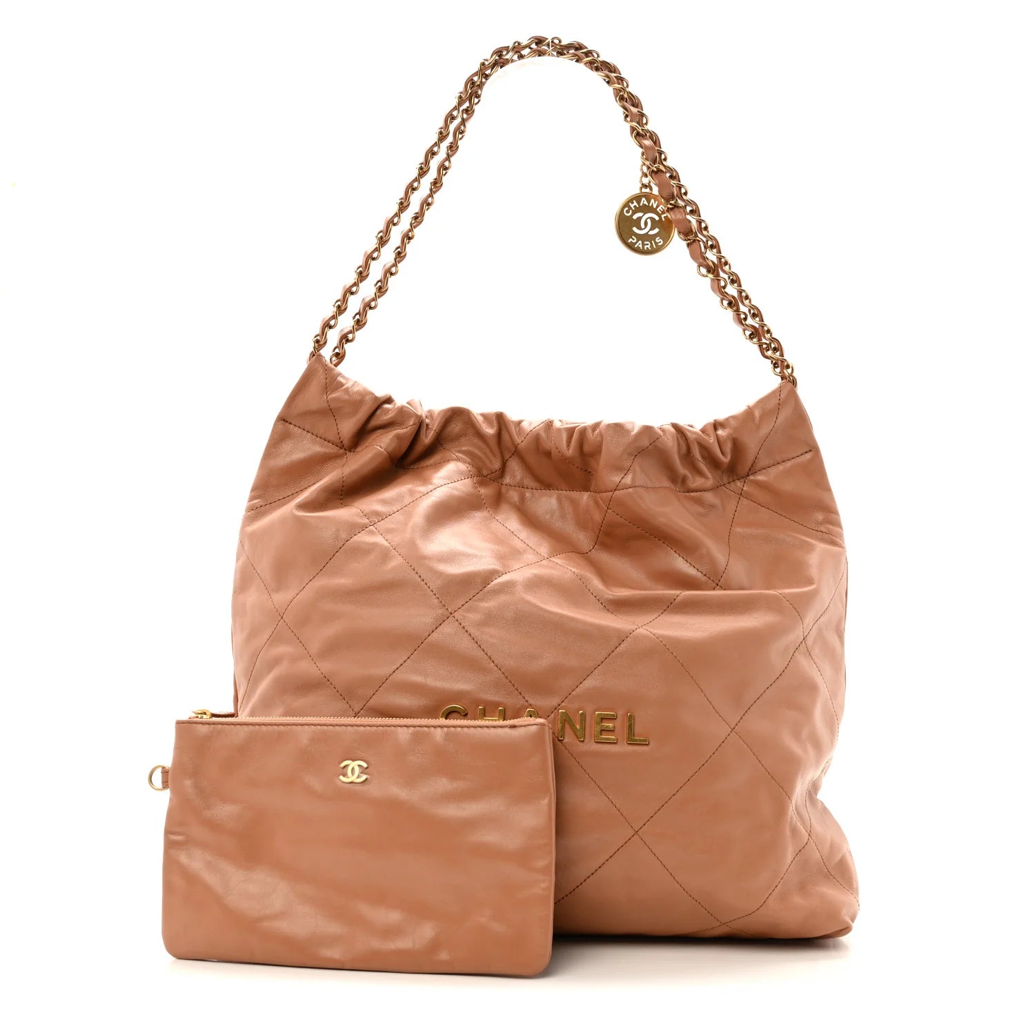 Shiny Calfskin Quilted  22 Camel