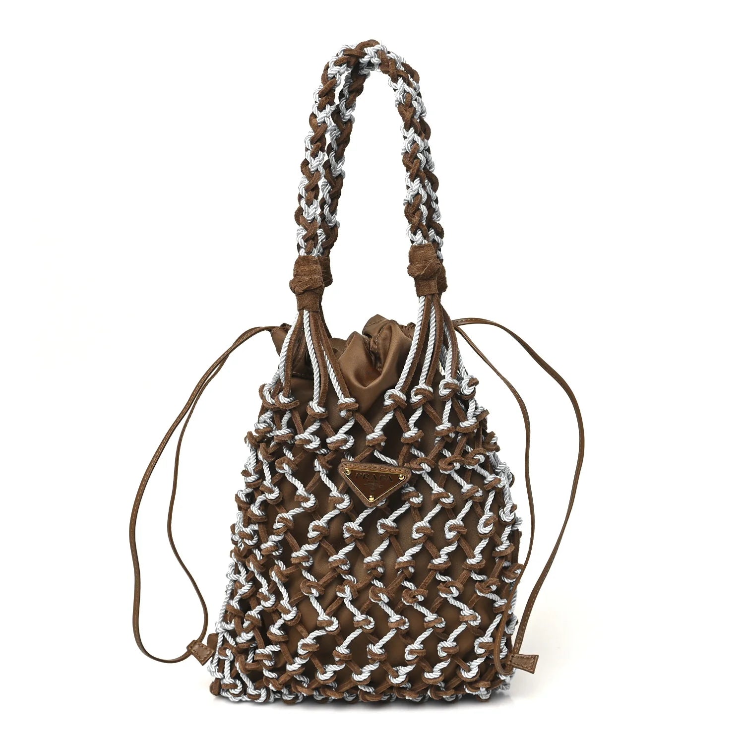 Rete Scamosciato Tessuto Macrame Small Noue Tote Cacao Celeste