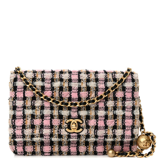 Tweed Quilted CC Pearl Crush Wallet on Chain WOC Pink Multicolor