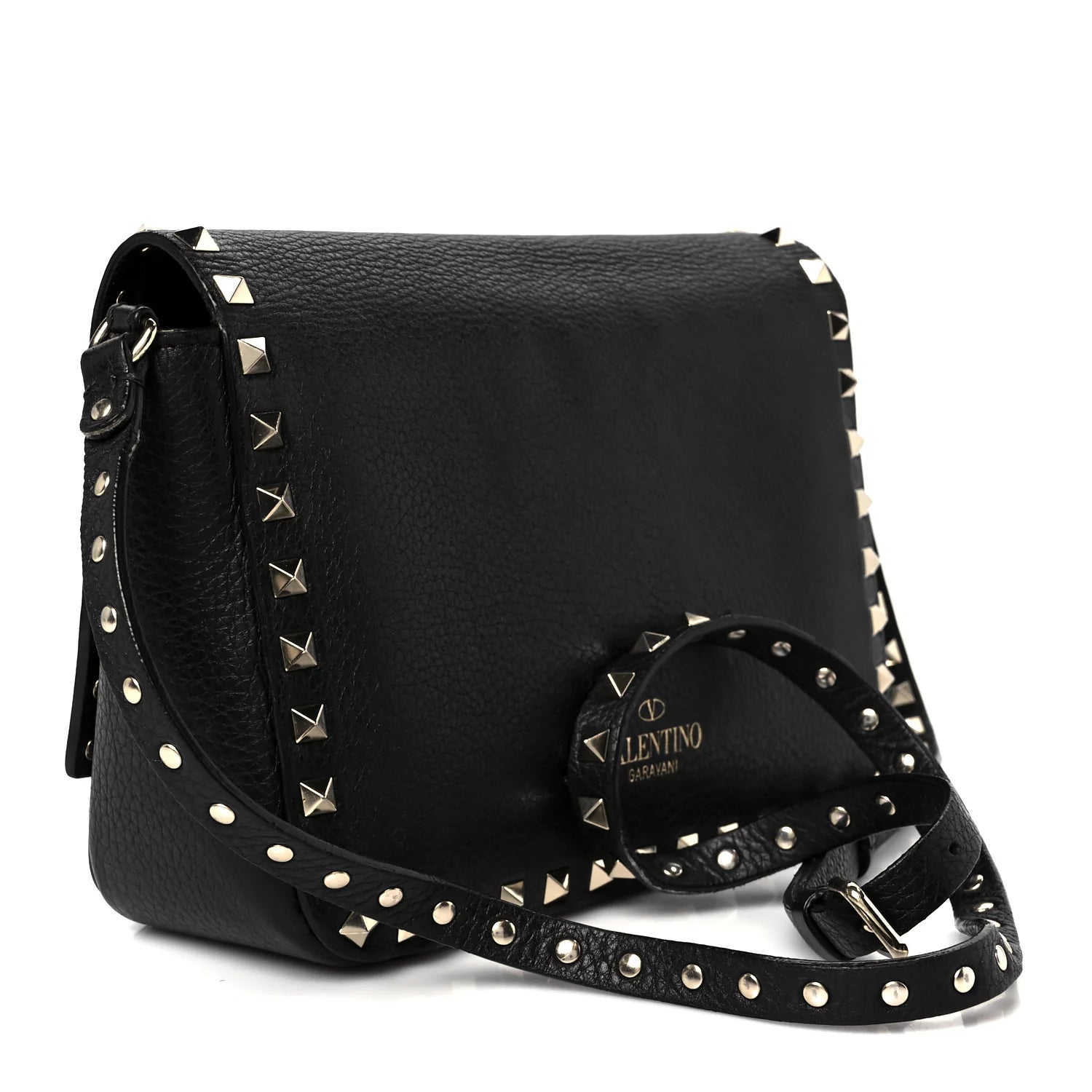 Pebbled Calfskin Small Rockstud Crossbody Flap Bag Black