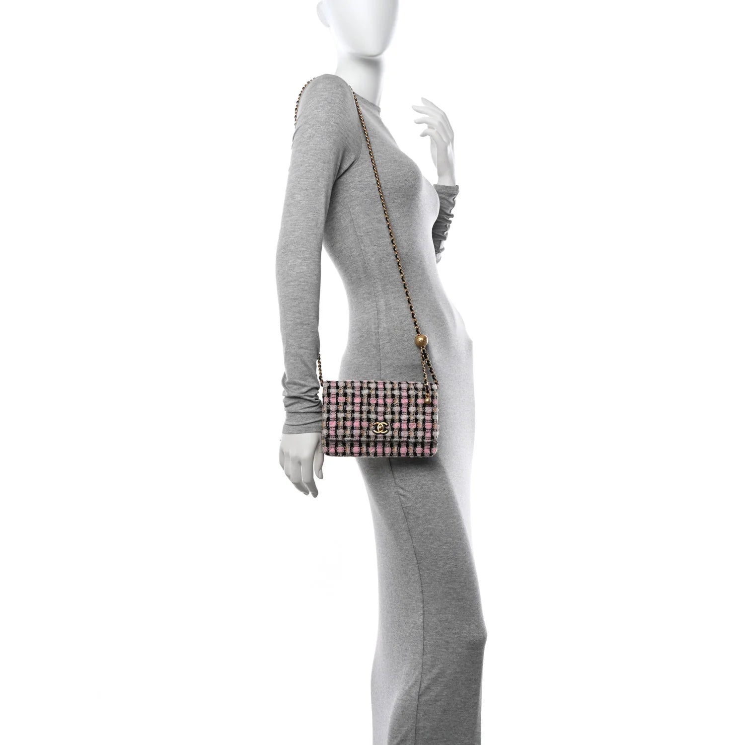 Tweed Quilted CC Pearl Crush Wallet on Chain WOC Pink Multicolor