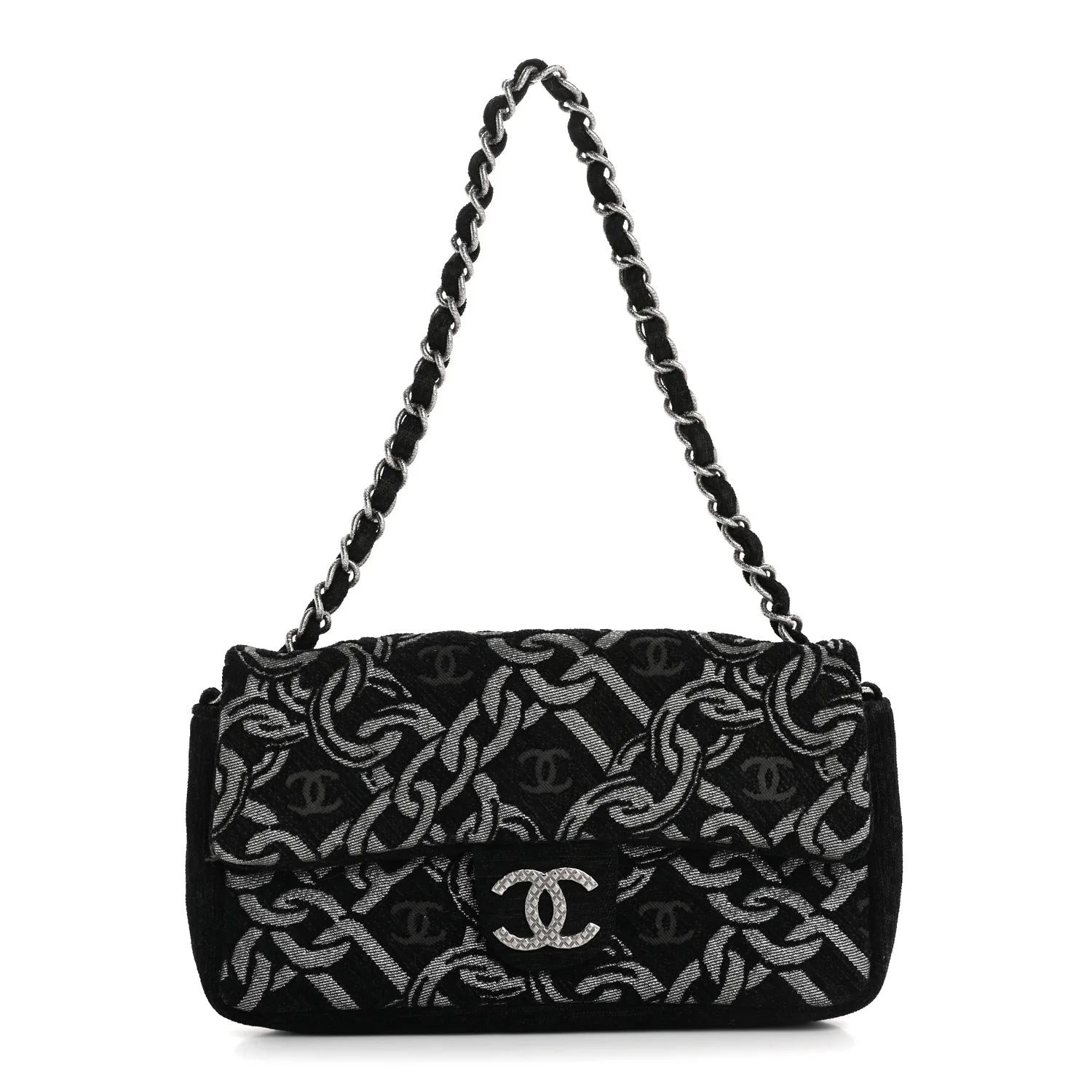 Tweed CC Cruise Small Chain Flap Black Silver