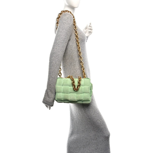 Suede Maxi Intrecciato Padded Chain Cassette Crossbody Bag Wasabi