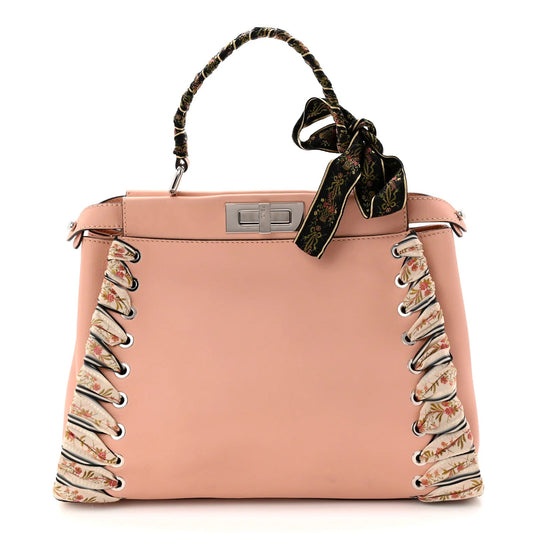Vitello Seta Shiny Nappa Ribbon Lace up Floral Medium Peekaboo Iconic Satchel Baby Pink Multicolor
