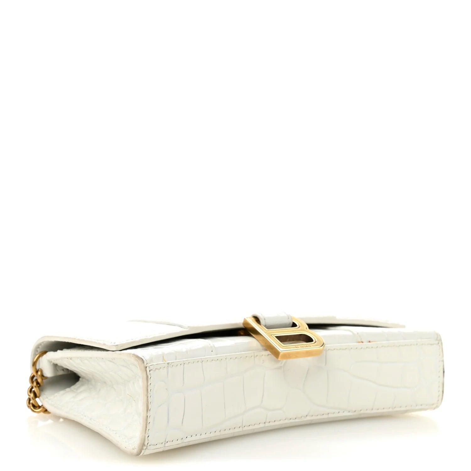 Shiny Calfskin Crocodile Embossed Hourglass Chain Bag White