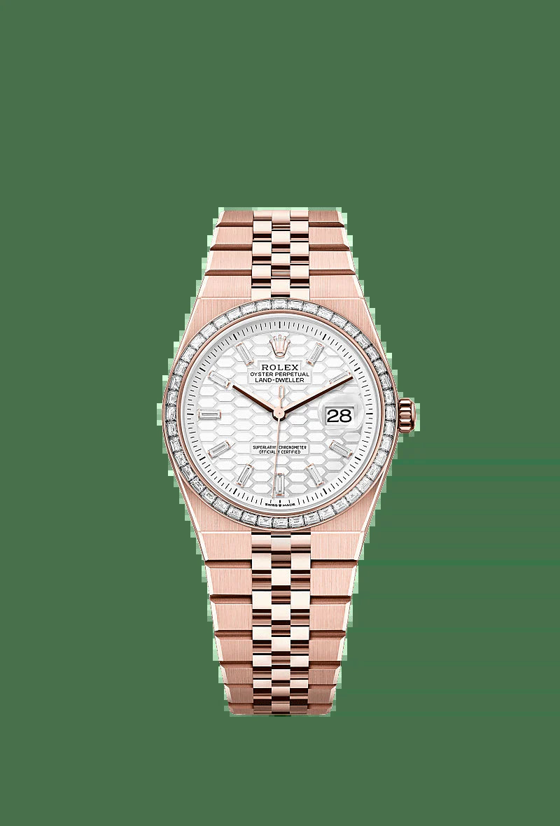 Unworn 2025,  Land-Dweller 36, 18K Everose Gold and Diamonds, Intense White Dial, Flat Jubilee, Ref# 127285Tbr-0002, Box and Papers