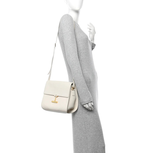 Grained Calfskin Large T Clasp Tara Crossbody Bag White