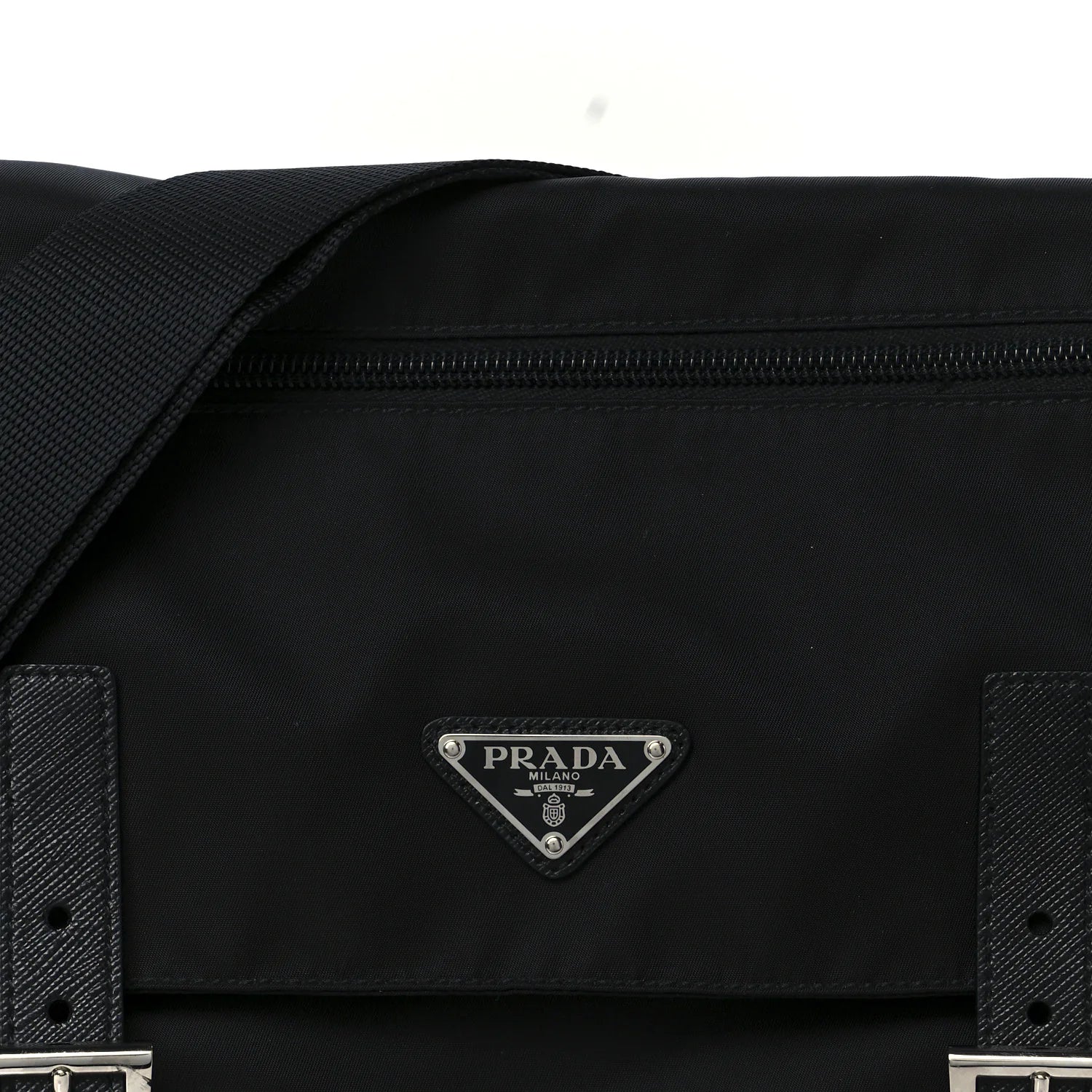 Tessuto Nylon Saffiano Double Buckle Messenger Shoulder Bag Black
