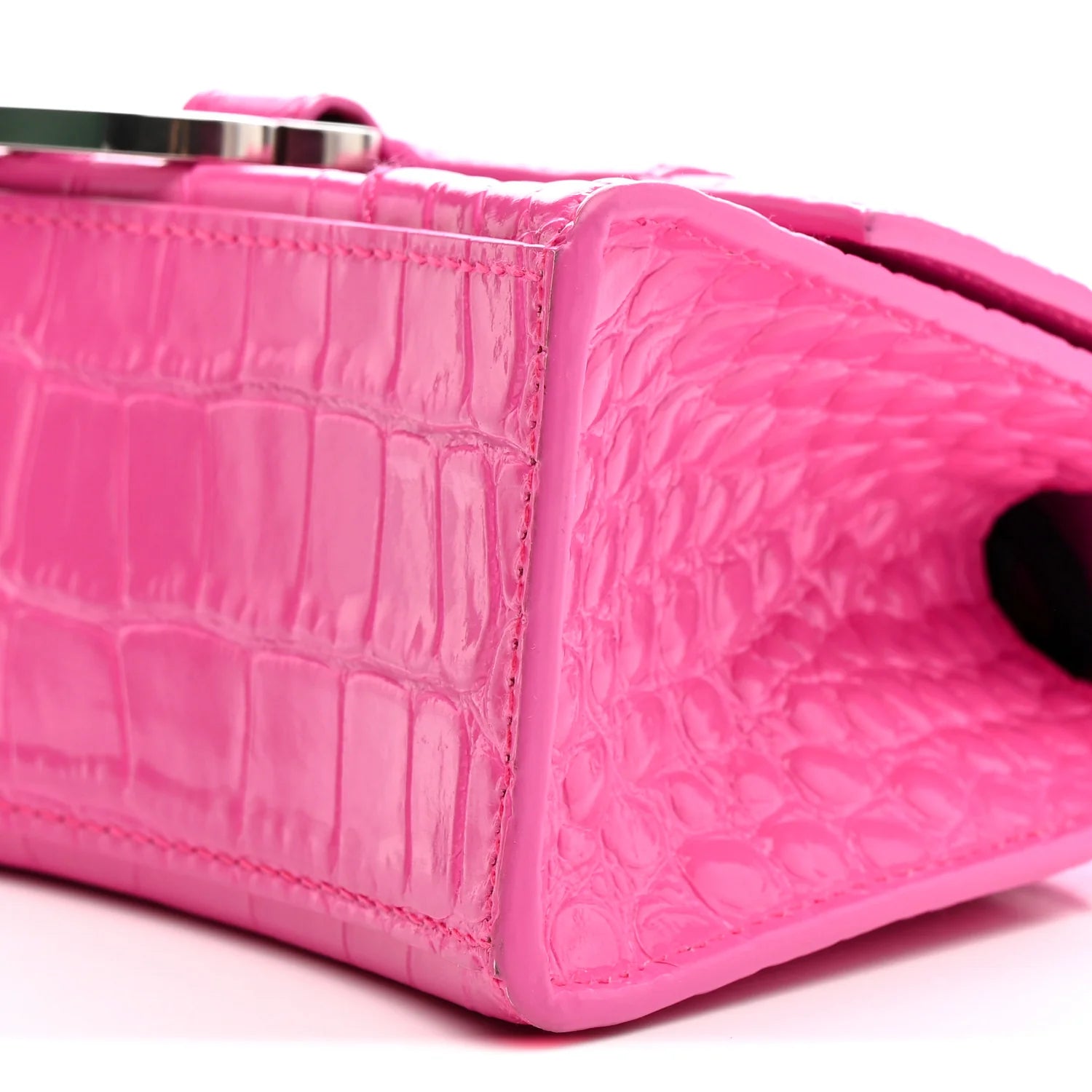 Shiny Calfskin Crocodile Embossed Hourglass Top Handle Bag XS Neon Pink