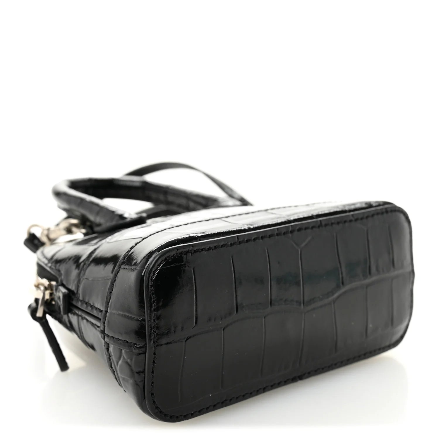 Shiny Calfskin Logo Crocodile Embossed Mini Ville Top Handle Bag Black