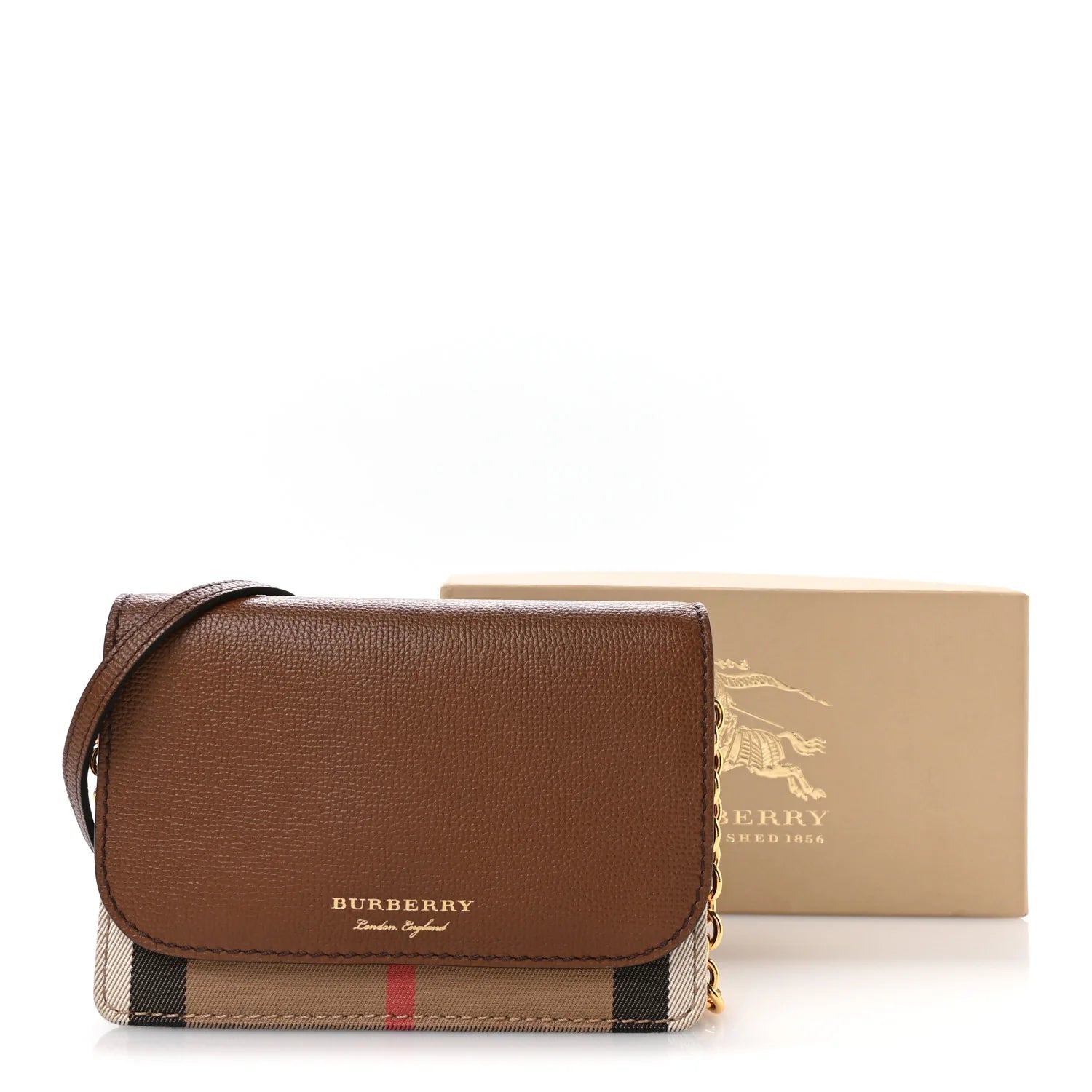 Grained Calfskin House Check Tartan Mix Hampshire Wallet on Chain Tan