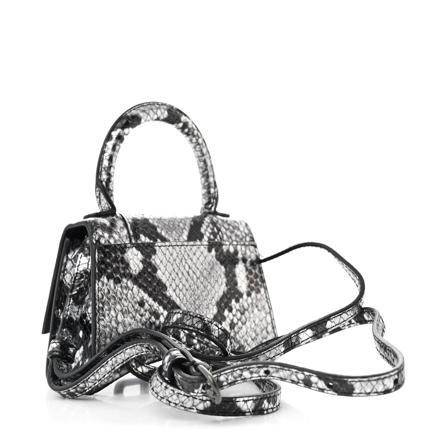 Shiny Calfskin Snakeskin Effect Hourglass Top Handle Bag Mini Silver Black