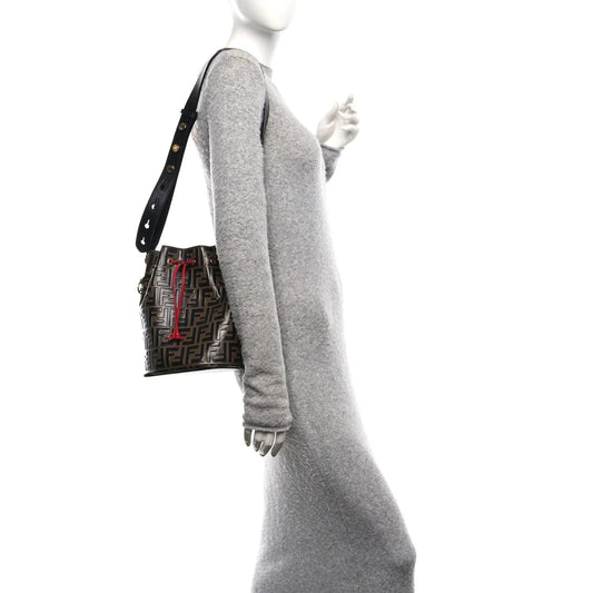 Vitello Grace F Is  Bi-Color FF 1974 Embossed Grande Mon Tresor Bucket Bag Maya Black Fragola