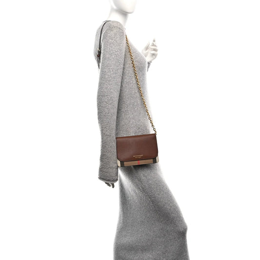 Grained Calfskin House Check Tartan Mix Hampshire Wallet on Chain Tan