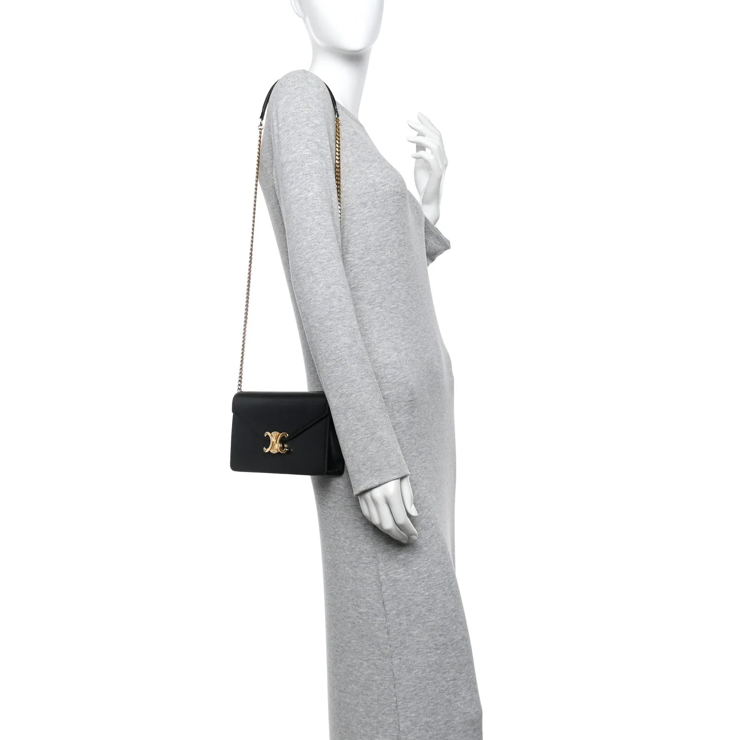 Shiny Calfskin Triomphe Margo Wallet on Chain Black