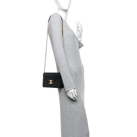 Shiny Calfskin Triomphe Margo Wallet on Chain Black