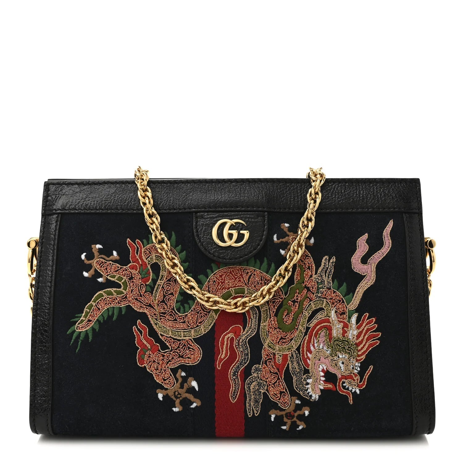 Suede Patent Web Dragon Embroidered Small Ophidia Chain Shoulder Bag Blue Black