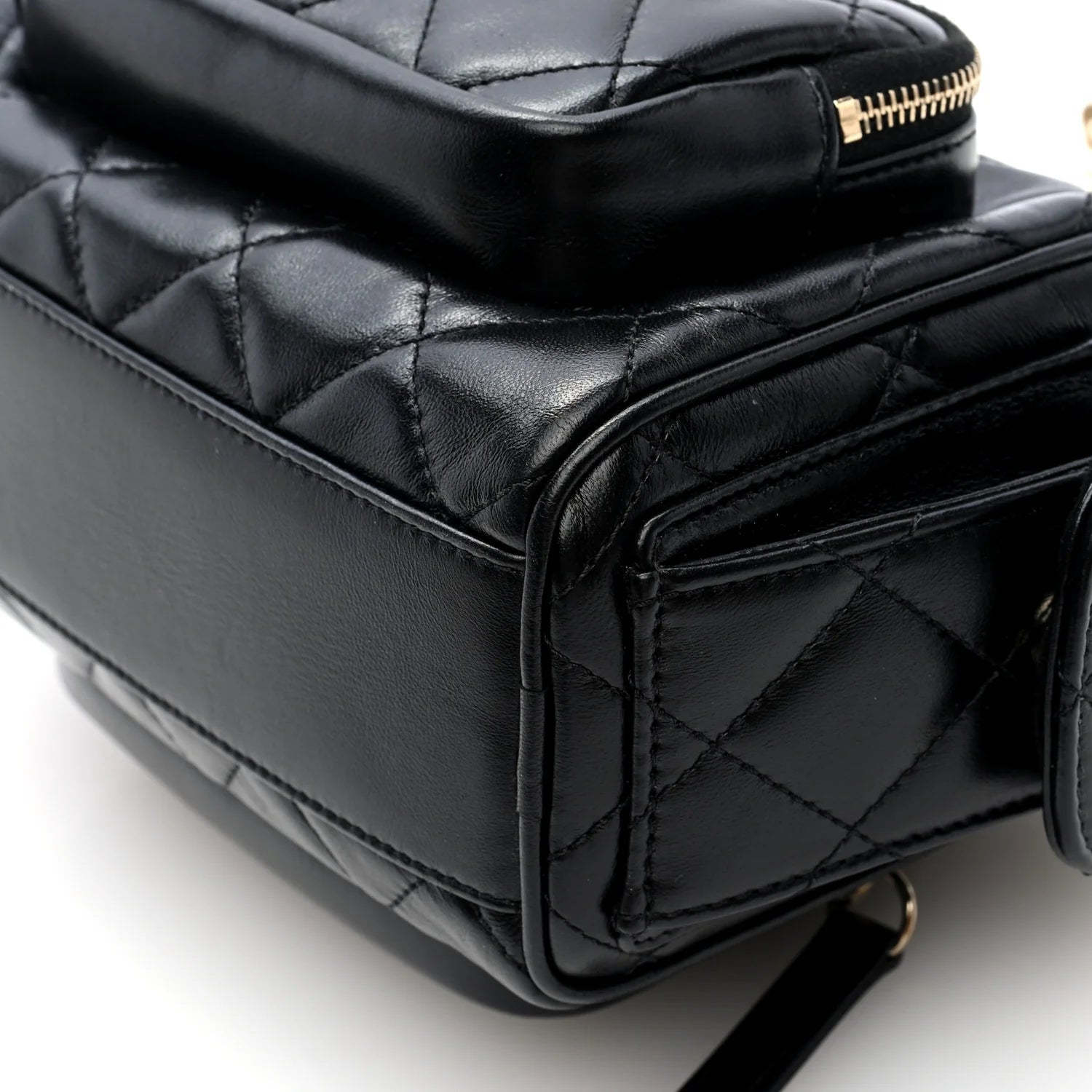 Shiny Crumpled Lambskin Quilted Small Preppy Pocket Camera Case Black