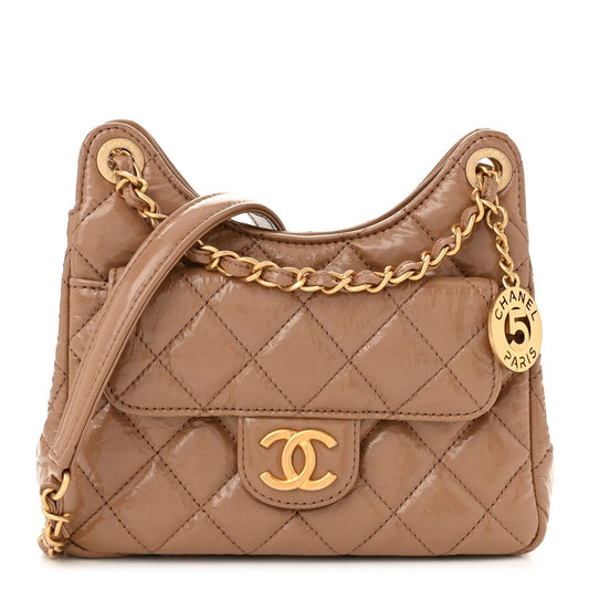 Shiny Crumpled Calfskin Quilted Small Wavy CC Hobo Dark Beige