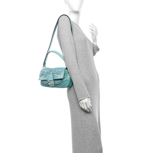 Rolling Stone Vitello Seta Bead Embroidered Re-Edition Baguette Spring Turquoise