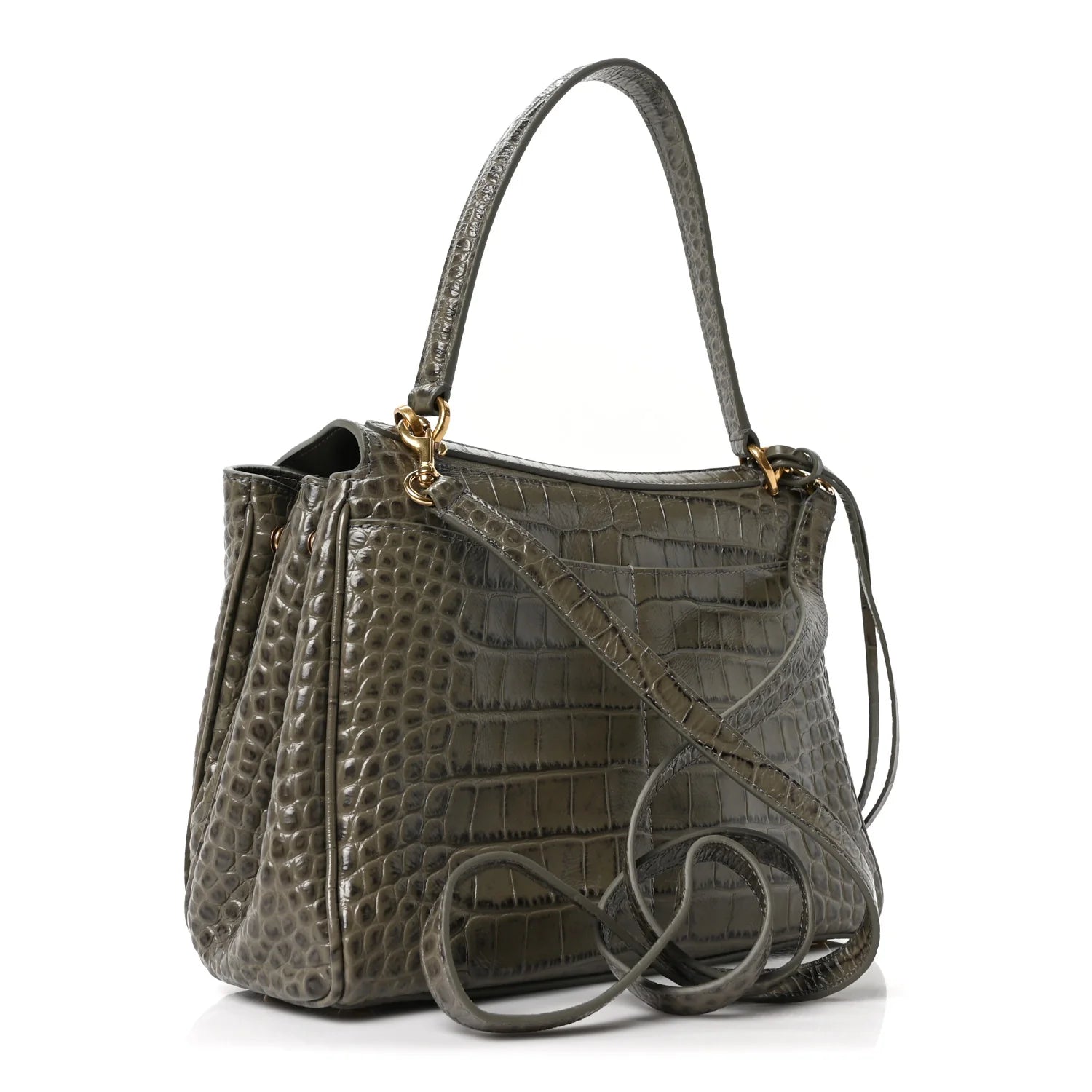 Shiny Calfskin Crocodile Embossed Small Rodeo Top Handle Handbag Army Green