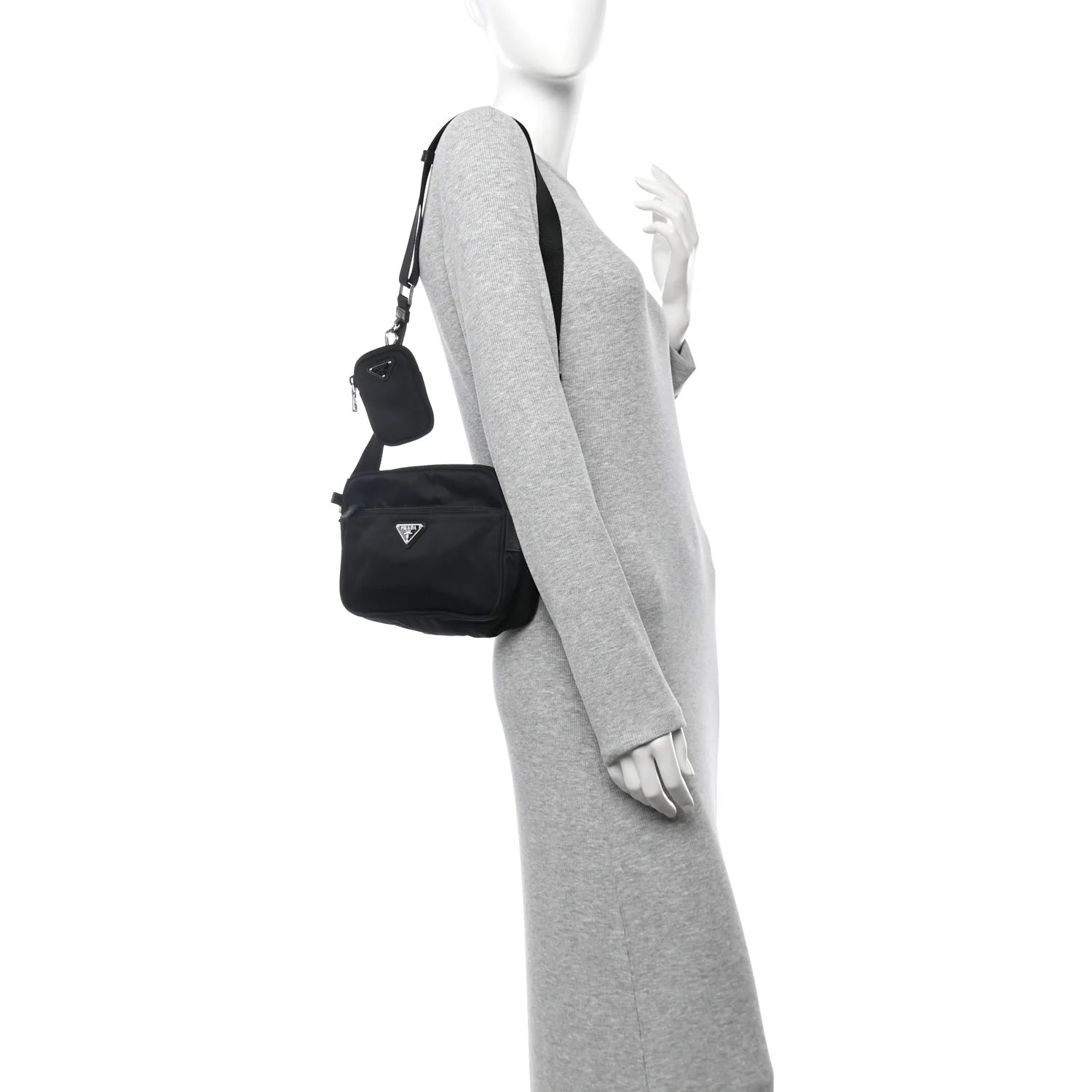 Re-Nylon Vela Saffiano Pocket Double Zip Shoulder Bag Black