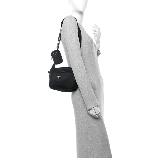 Re-Nylon Vela Saffiano Pocket Double Zip Shoulder Bag Black