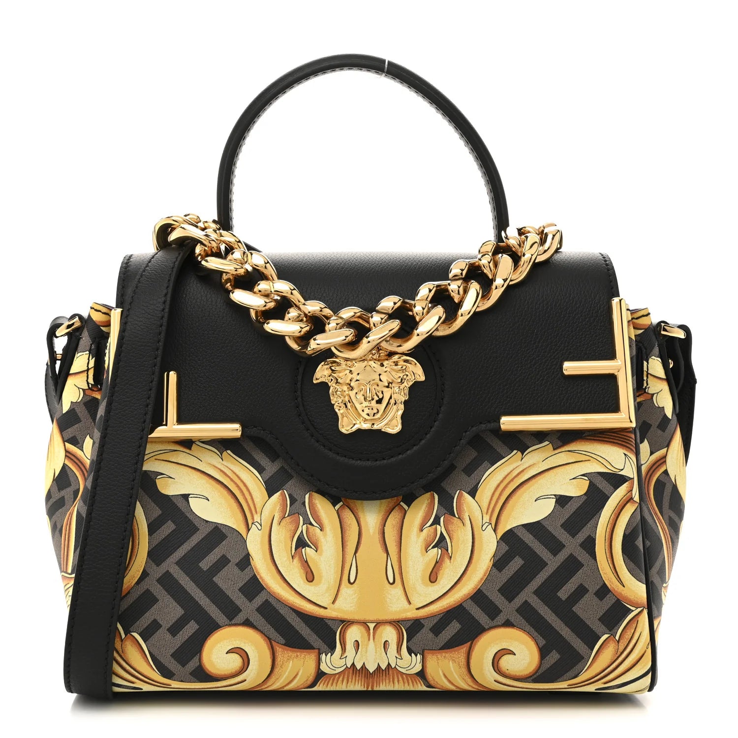 X FENDI Grained Calfskin Fendace La Medusa Medium Top Handle Bag Black Multicolor