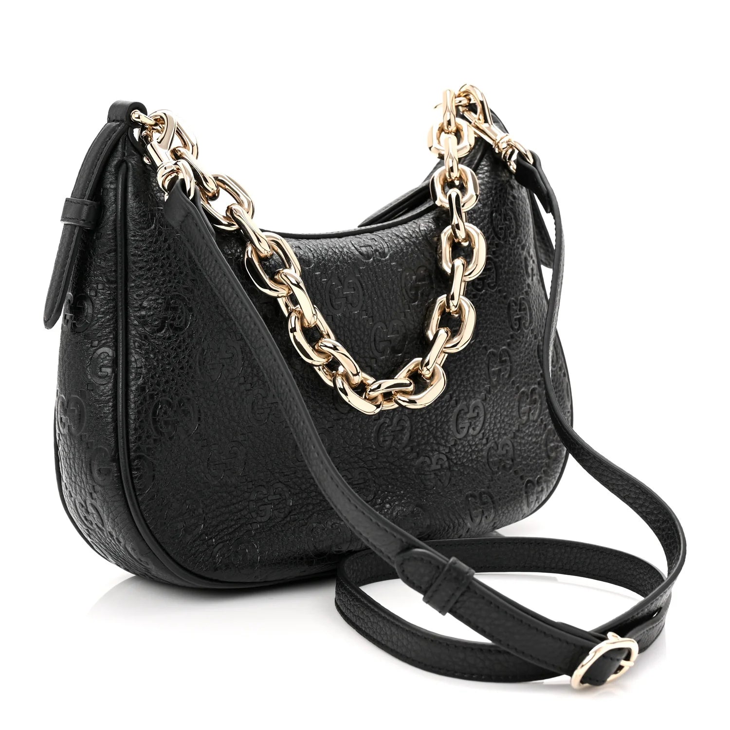 Grainy Calfskin GG Embossed Emblem Small Half Moon Shoulder Bag Black