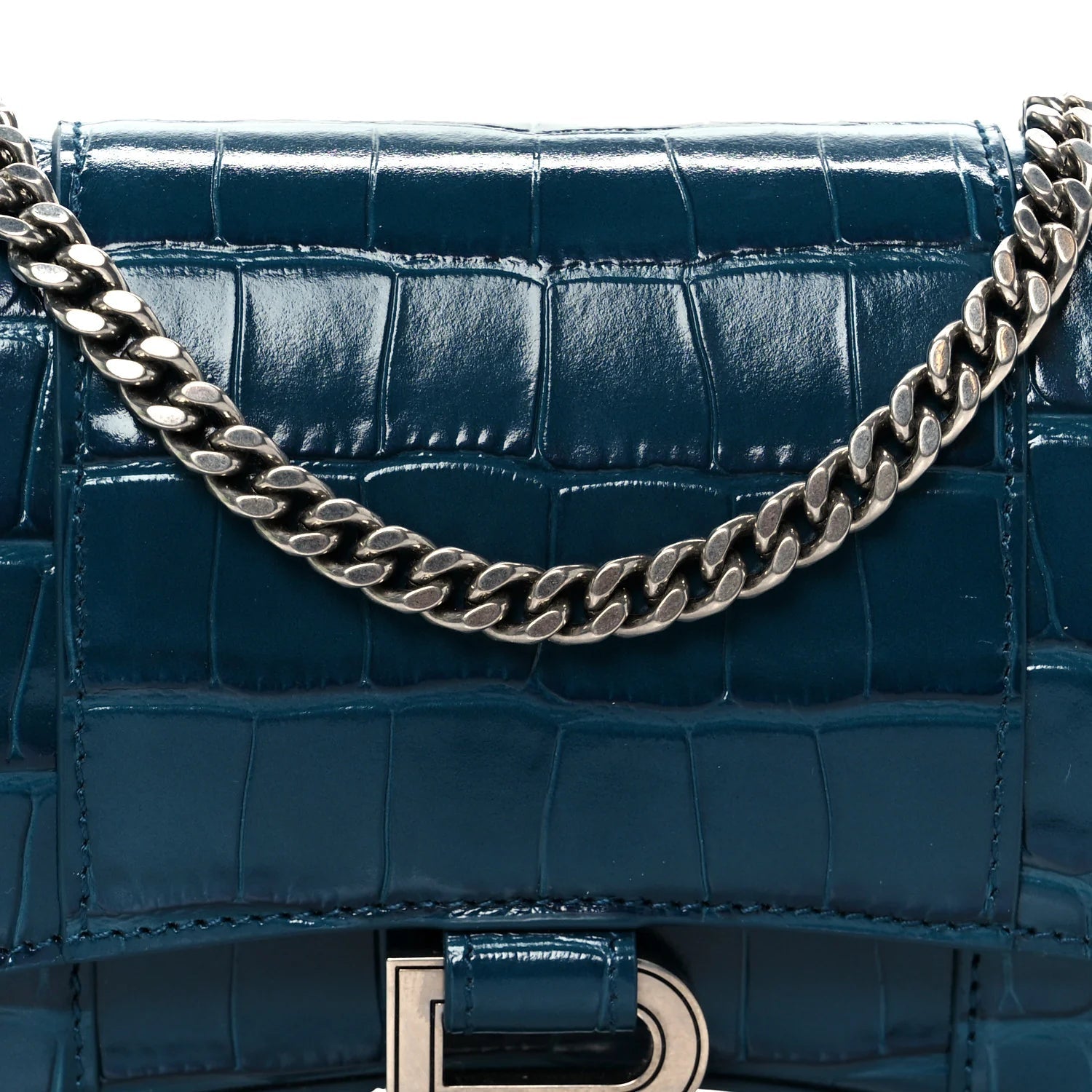 Shiny Calfskin Crocodile Embossed Hourglass Chain Bag Forest Green